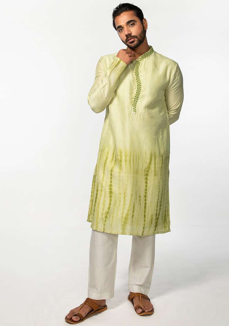 Green Tie Dye Mirror Work Kurta Set For Men - Indya