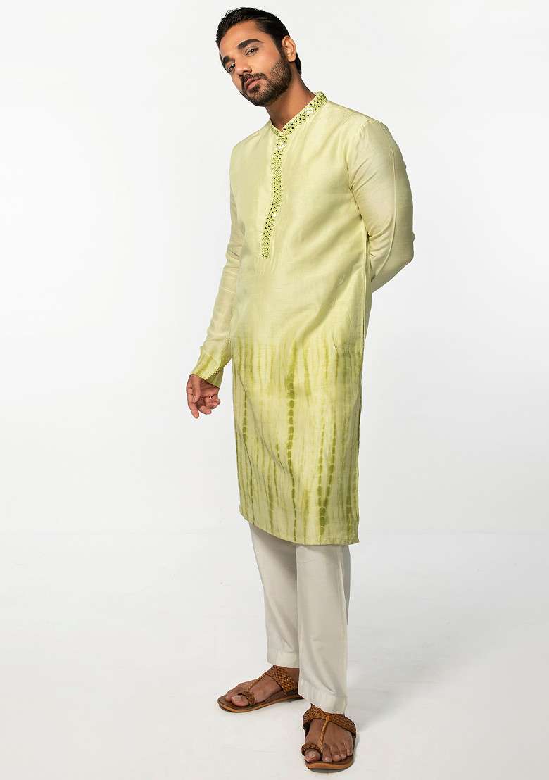 Green Tie Dye Mirror Work Kurta Set For Men - Indya