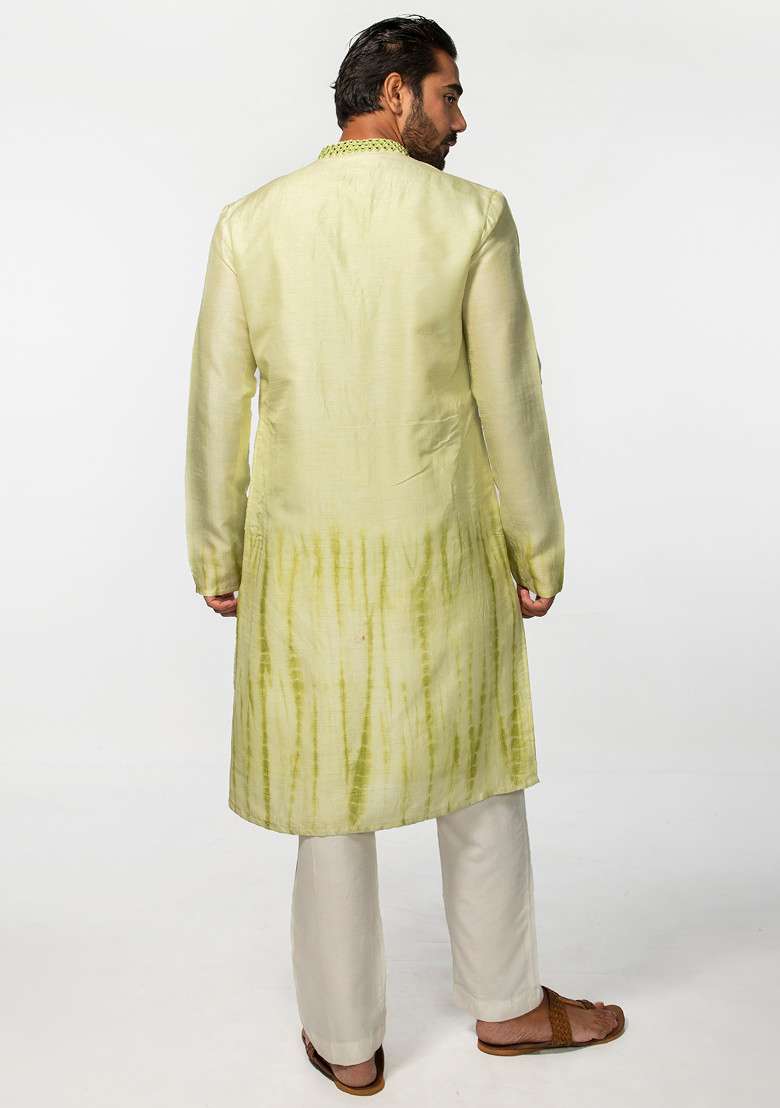 Green Tie Dye Mirror Work Kurta Set For Men - Indya