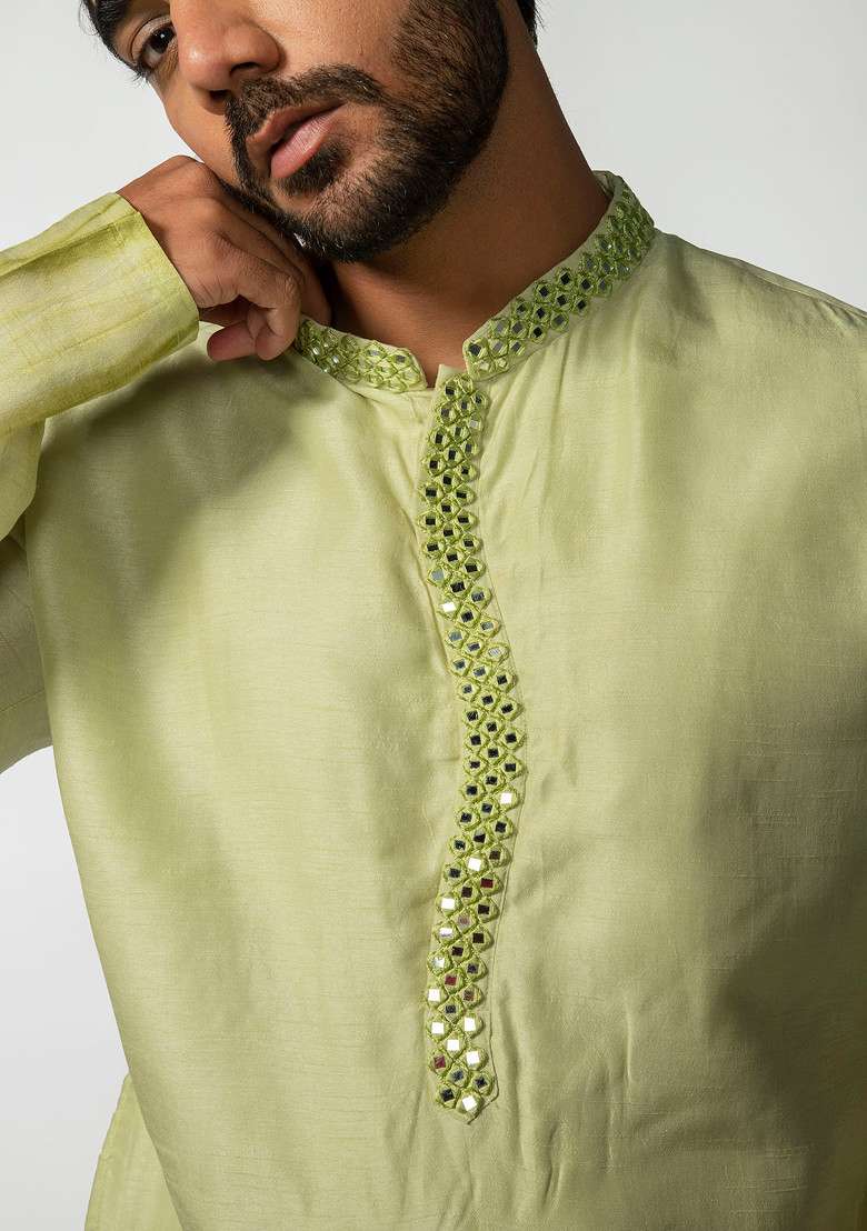 Green Tie Dye Mirror Work Kurta Set For Men - Indya