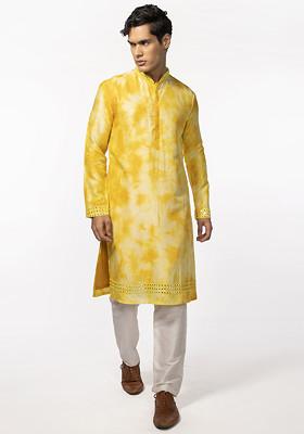 Yellow Tie Dye Mirror Work Kurta Set For Men