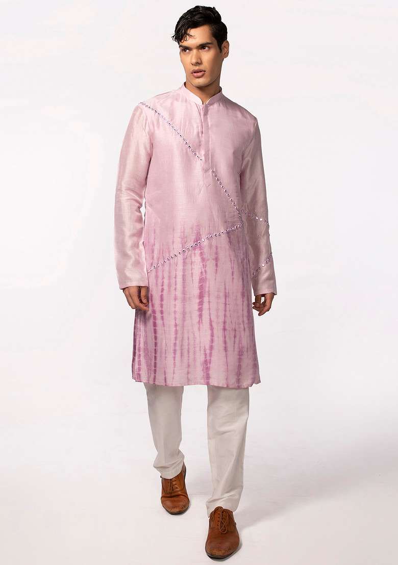 Lilac Tie Dye Mirror Work Kurta Set For Men - Indya