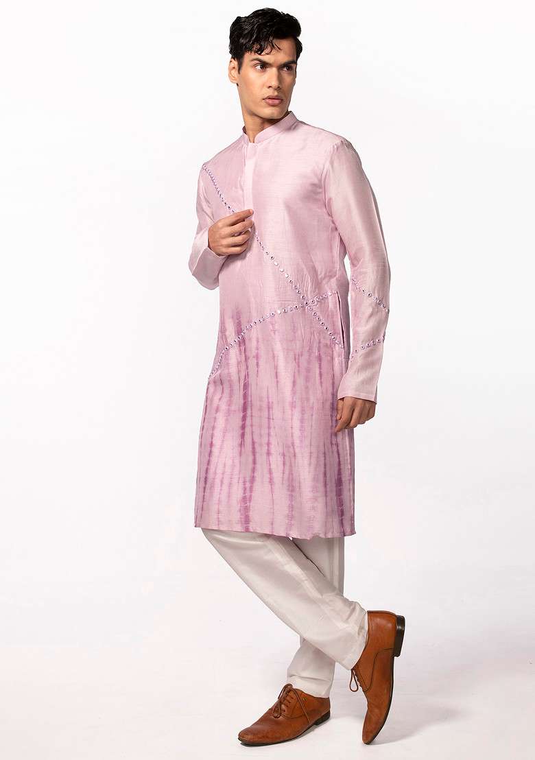 Lilac Tie Dye Mirror Work Kurta Set For Men - Indya