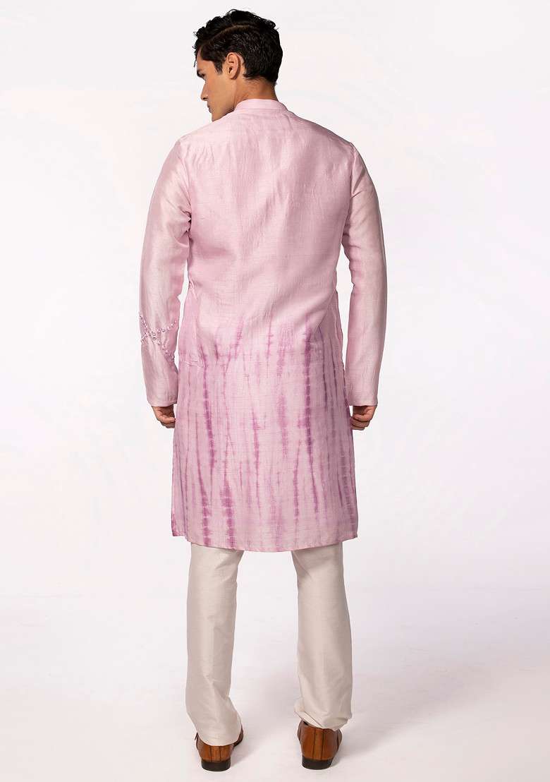 Lilac Tie Dye Mirror Work Kurta Set For Men - Indya