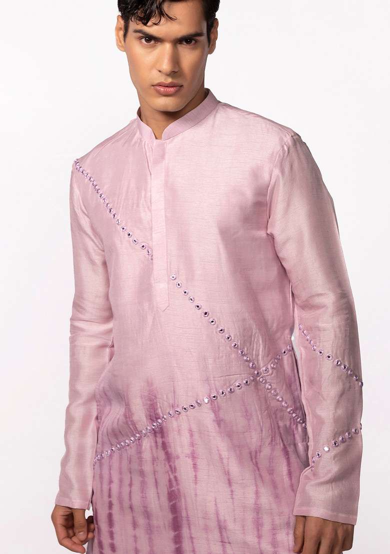 Lilac Tie Dye Mirror Work Kurta Set For Men - Indya