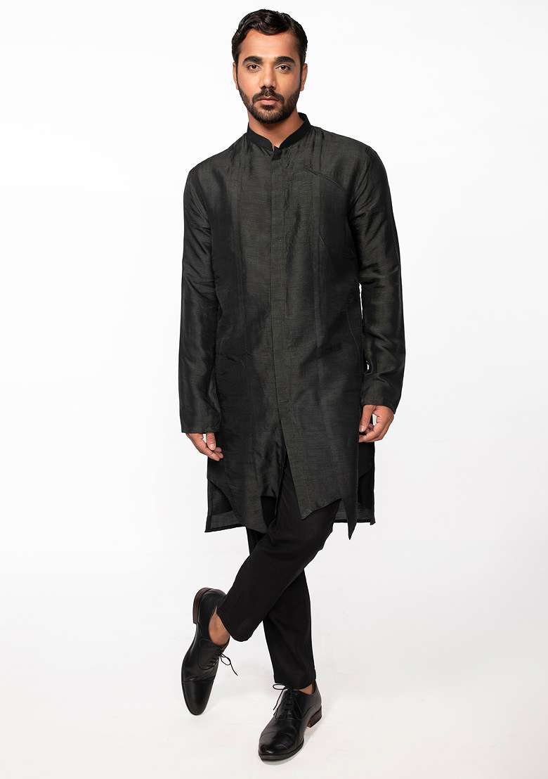 Olive Front Open Kurta Set For Men - Indya
