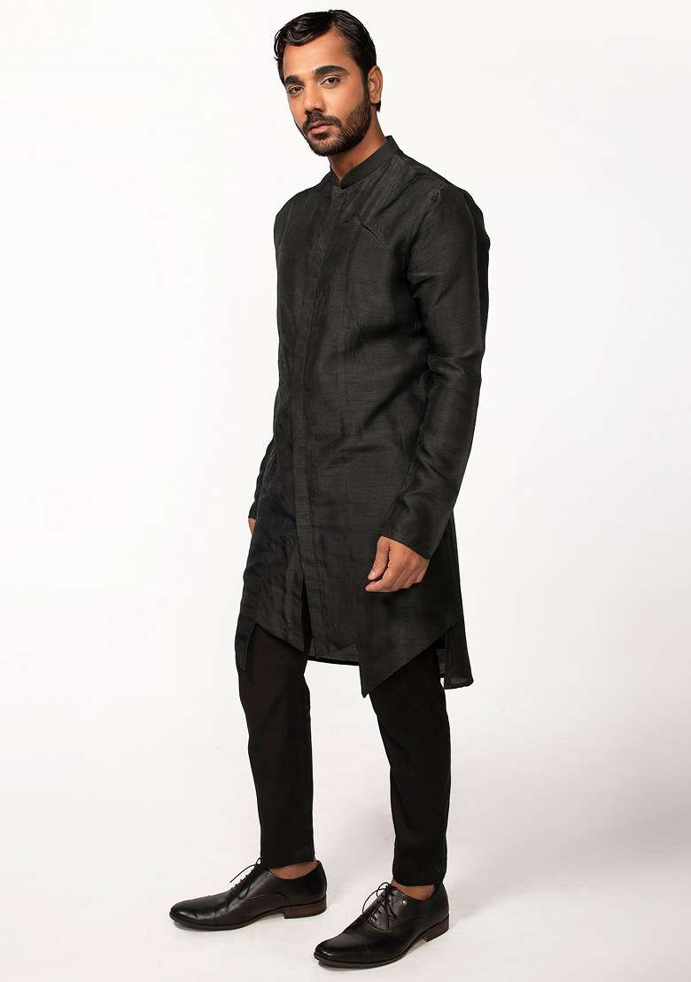 Olive Front Open Kurta Set For Men - Indya