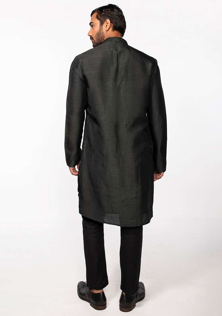 Olive Front Open Kurta Set For Men - Indya
