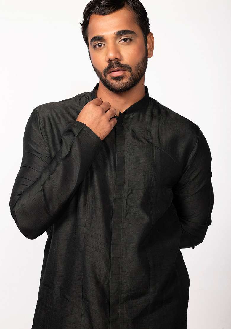 Olive Front Open Kurta Set For Men - Indya