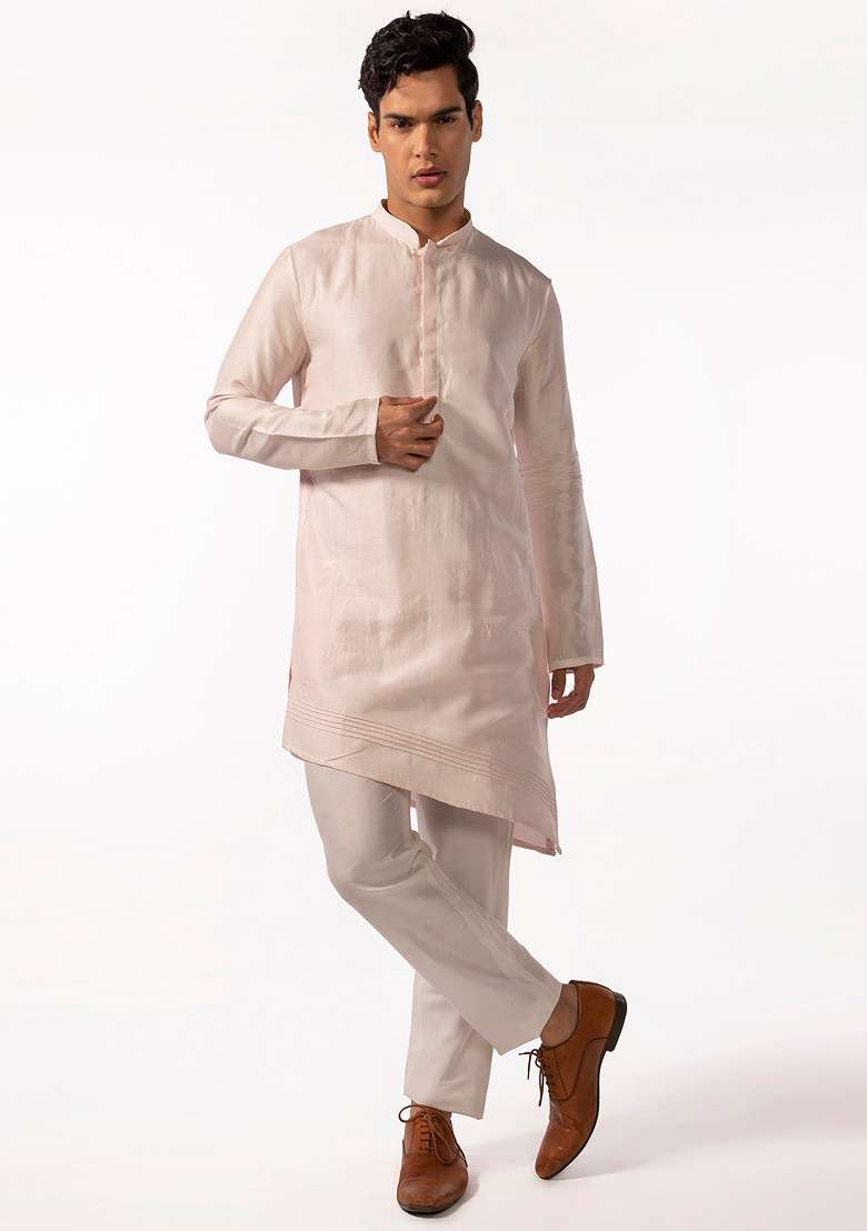 Blush Pink Asymmetric Pintuck Kurta Set For Men - Indya