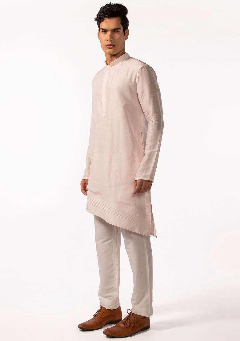 Blush Pink Asymmetric Pintuck Kurta Set For Men - Indya