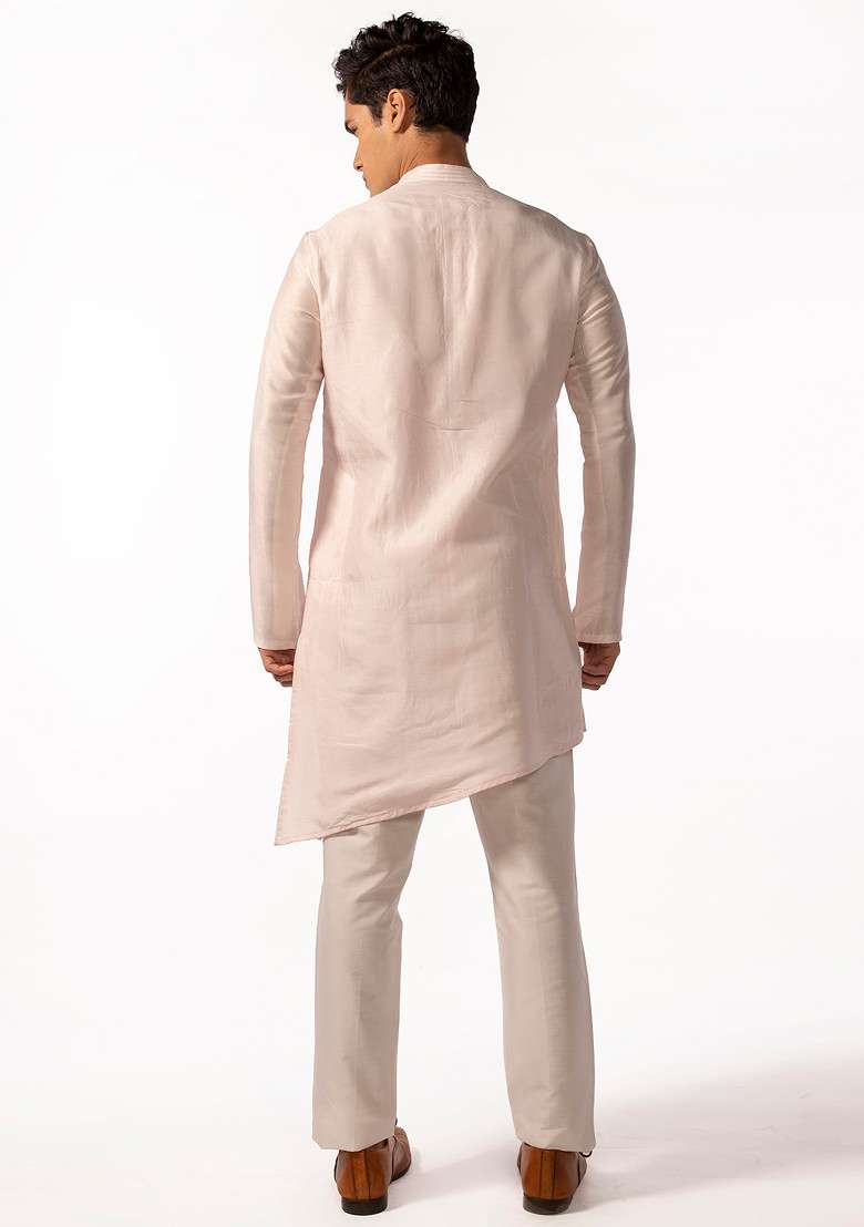 Blush Pink Asymmetric Pintuck Kurta Set For Men - Indya