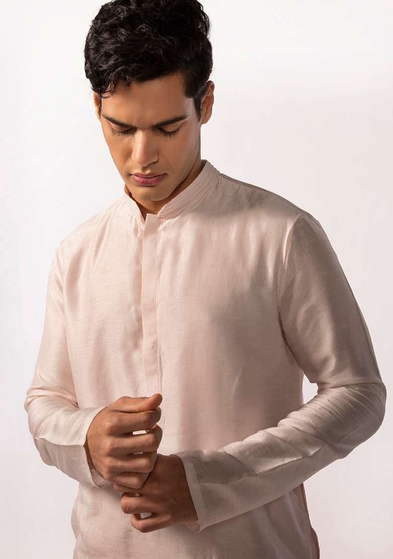 Blush Pink Asymmetric Pintuck Kurta Set For Men - Indya
