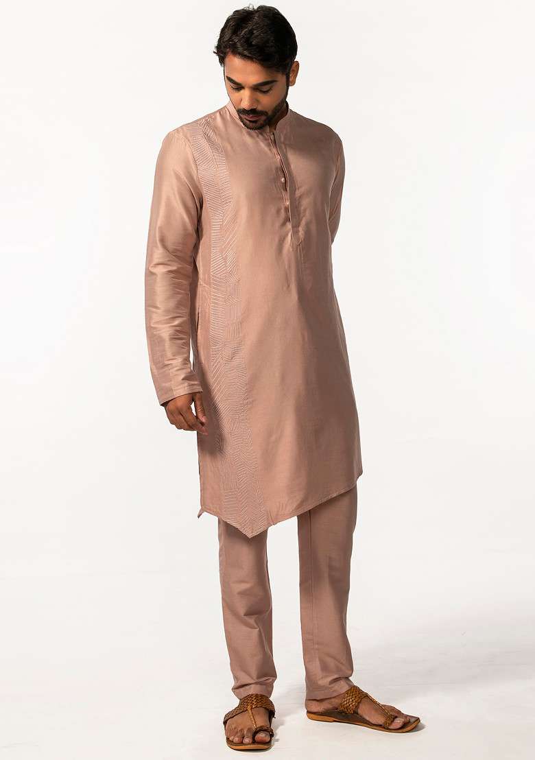 Onion Pink Embroidered Kurta Set For Men - Indya