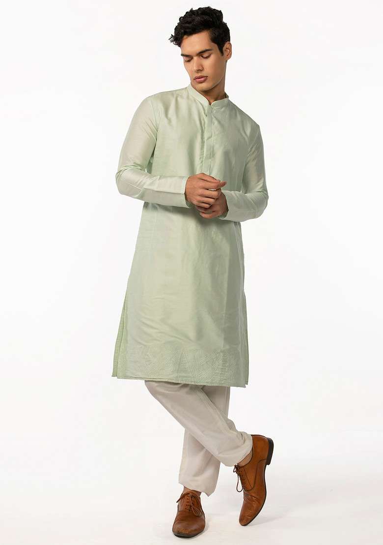 Green Embroidered Kurta Set For Men - Indya