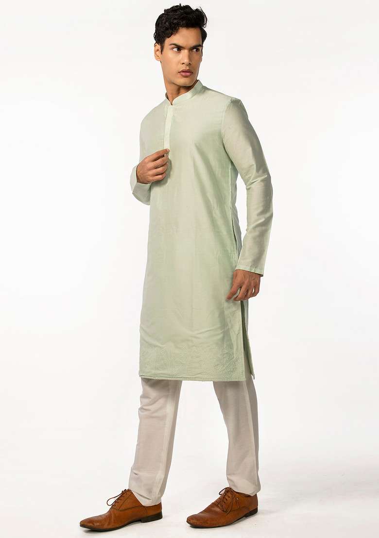 Green Embroidered Kurta Set For Men - Indya