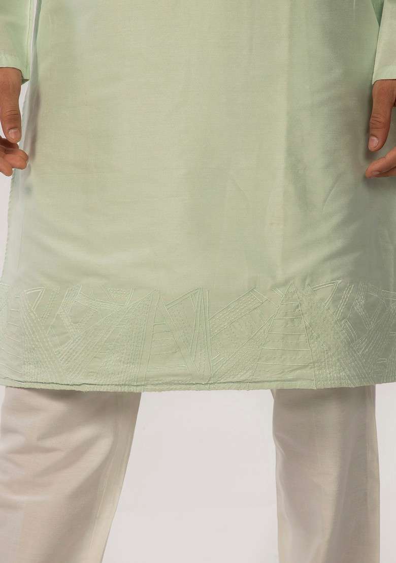 Green Embroidered Kurta Set For Men - Indya