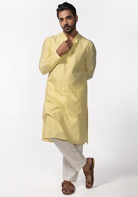 Yellow Embroidered Kurta Set For Men
