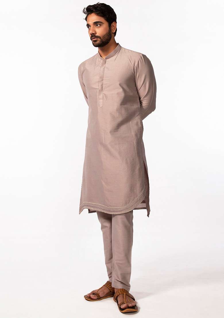 Mauve Embroidered Kurta Set For Men - Indya