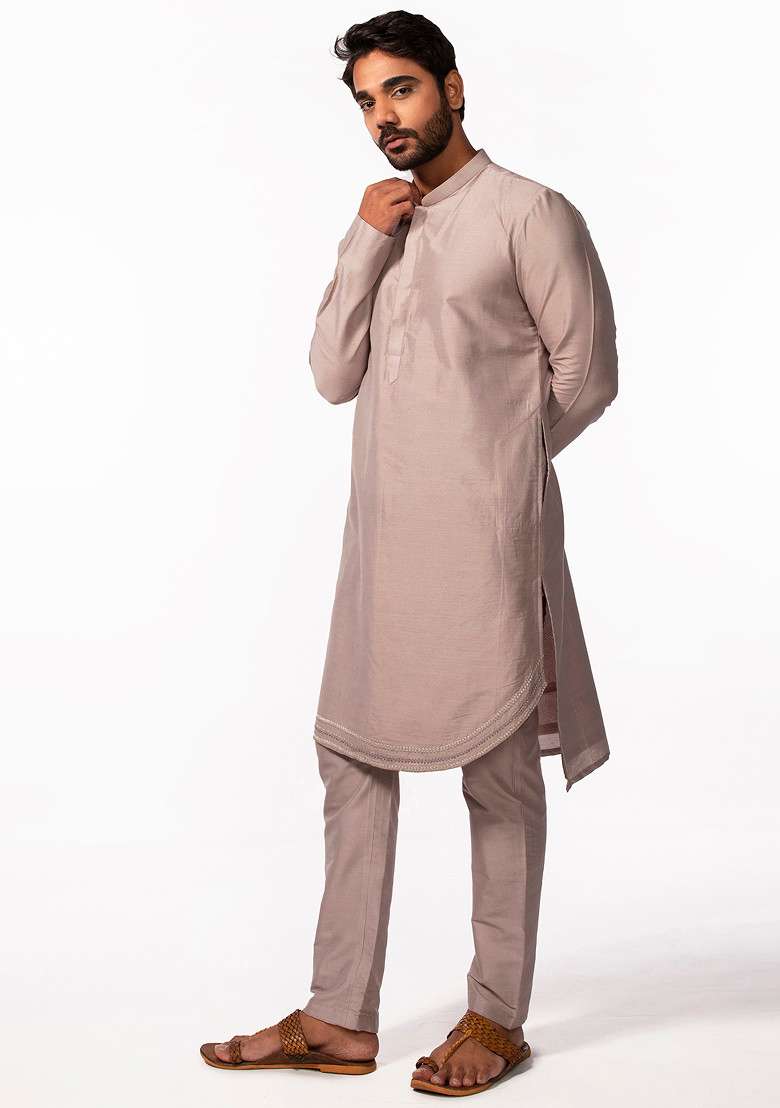 Mauve Embroidered Kurta Set For Men - Indya