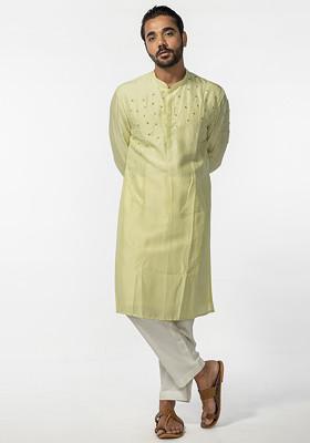 Mint Green Abstract Mirror Work Kurta Set For Men
