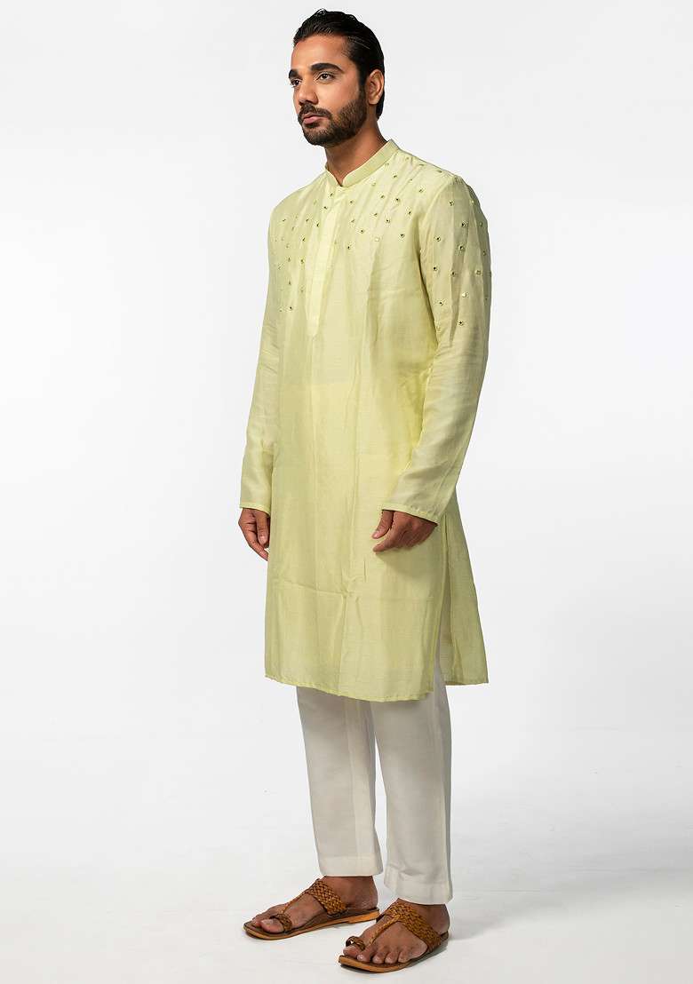 Mint Green Abstract Mirror Work Kurta Set For Men - Indya