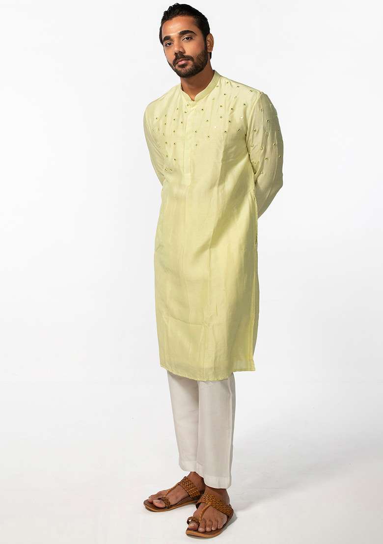 Mint Green Abstract Mirror Work Kurta Set For Men - Indya