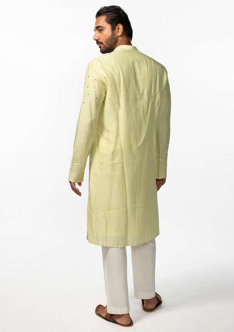 Mint Green Abstract Mirror Work Kurta Set For Men - Indya