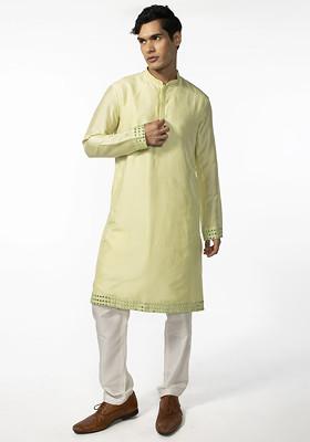 Mint Green Down Placement Mirror Work Kurta Set For Men