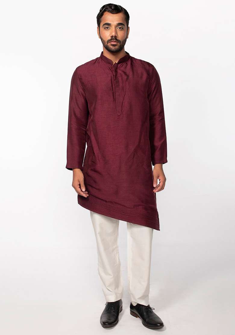 Wine Asymmetric Pintuck Kurta Set For Men - Indya