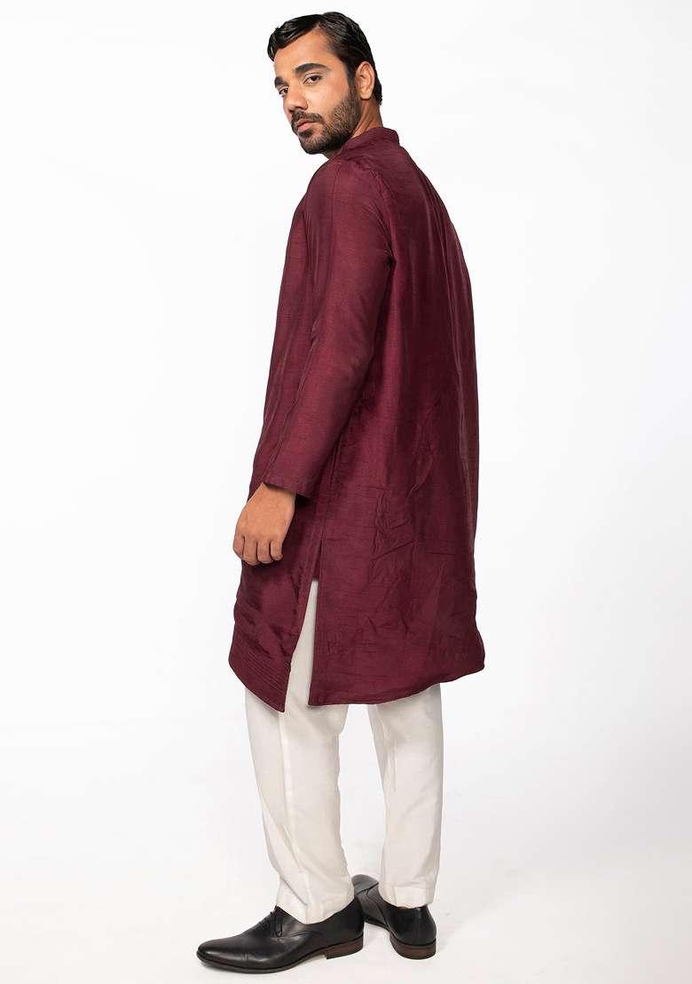 Wine Asymmetric Pintuck Kurta Set For Men - Indya