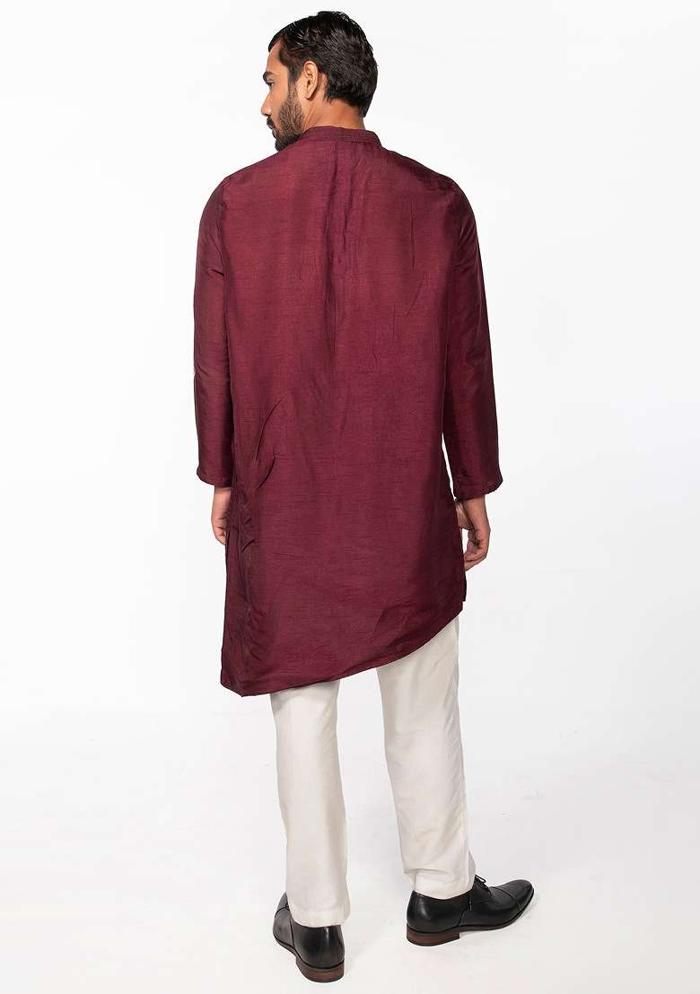 Wine Asymmetric Pintuck Kurta Set For Men - Indya
