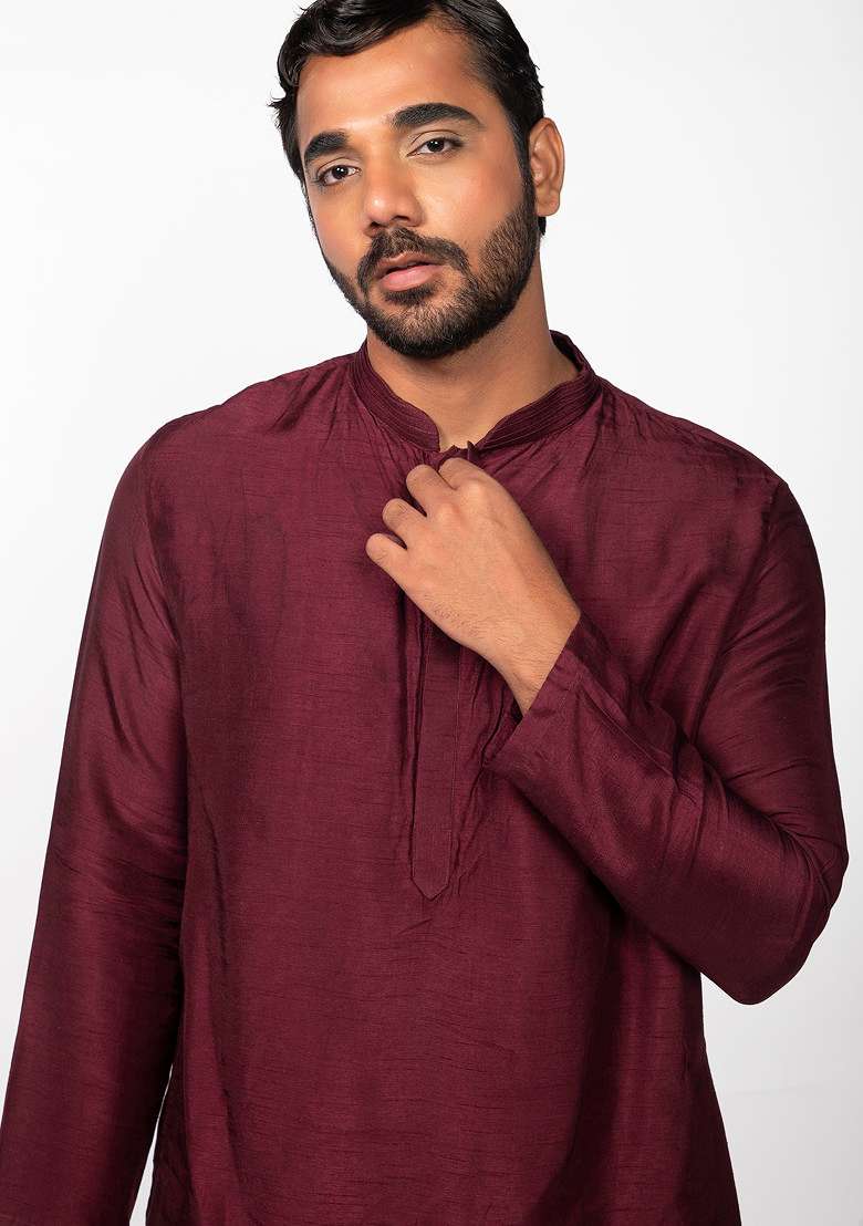 Wine Asymmetric Pintuck Kurta Set For Men - Indya