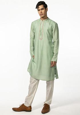 Sea Green Embroidered Kurta Set For Men