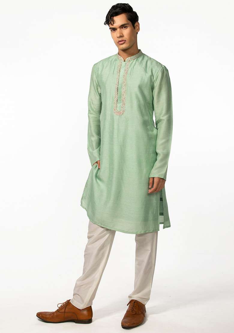 Sea Green Embroidered Kurta Set For Men - Indya