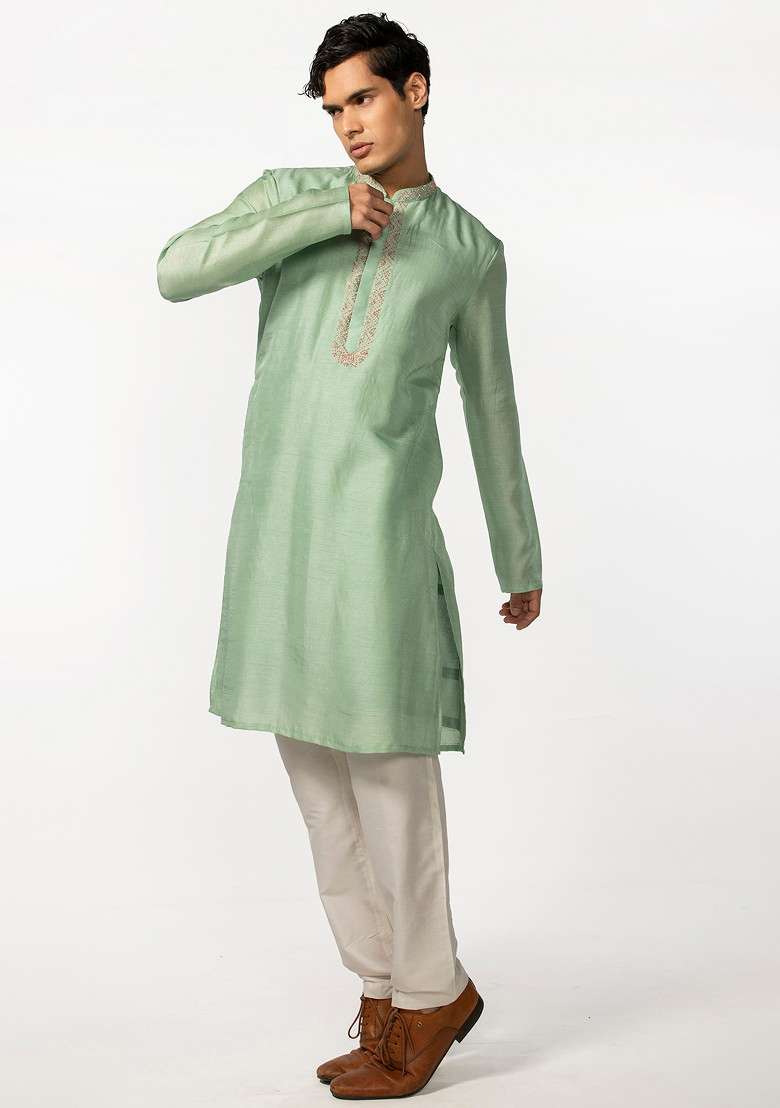 Sea Green Embroidered Kurta Set For Men - Indya
