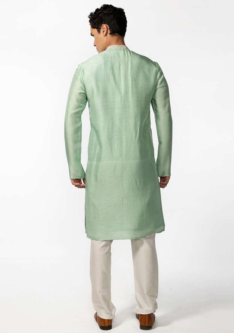 Sea Green Embroidered Kurta Set For Men - Indya