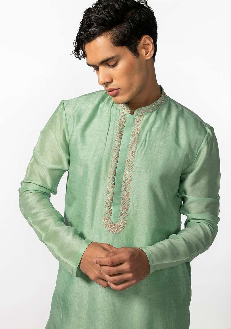 Sea Green Embroidered Kurta Set For Men - Indya