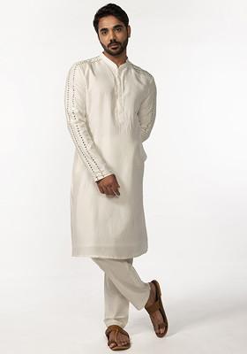 Ivory Embroidered Sleeve Mirror Work Kurta Set For Men