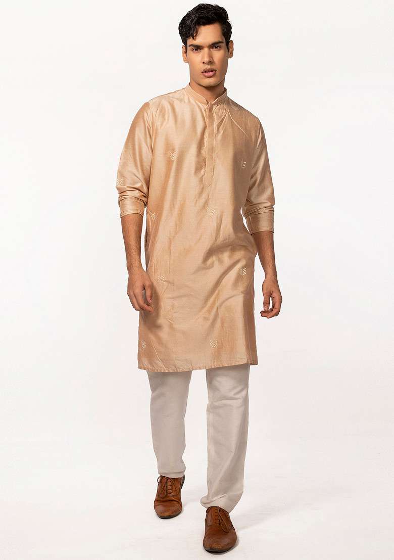 Rose Gold Embroidered Kurta Set For Men - Indya