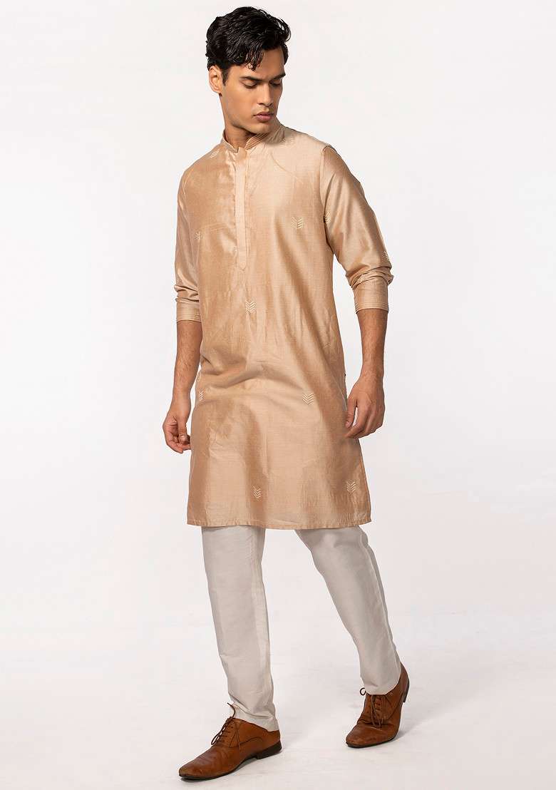 Rose Gold Embroidered Kurta Set For Men - Indya