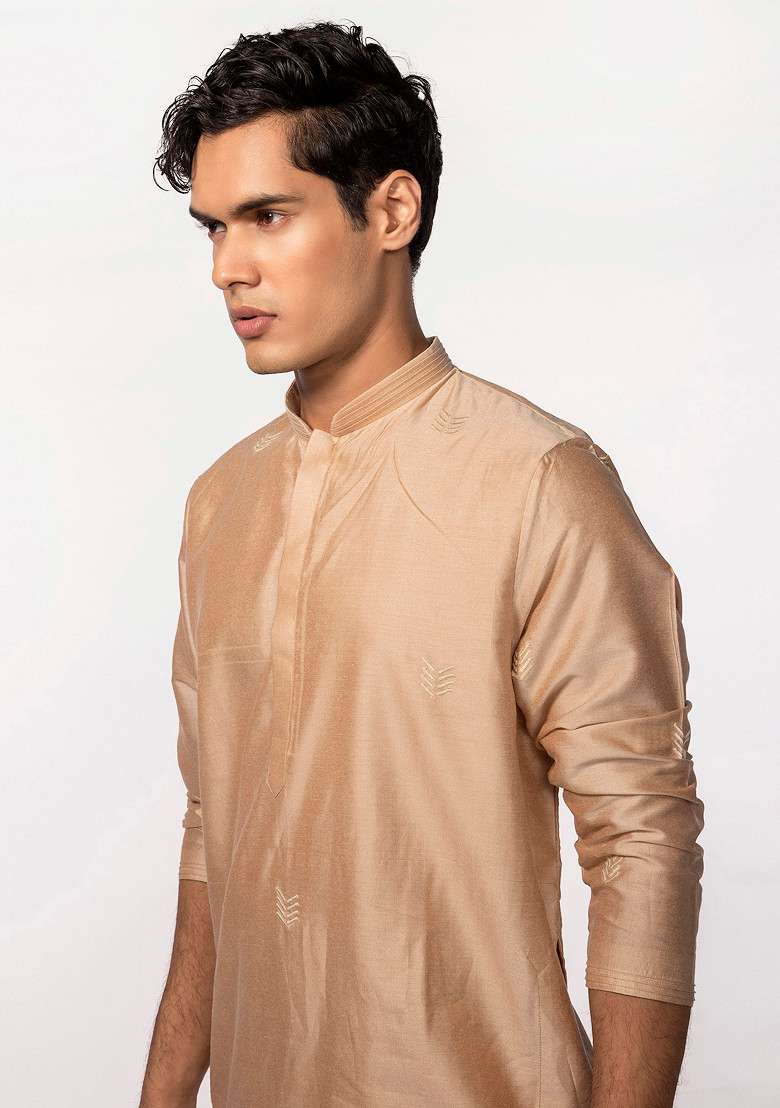 Rose Gold Embroidered Kurta Set For Men - Indya