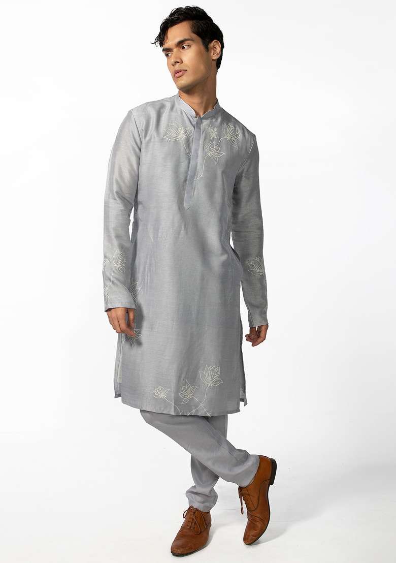 Cool Grey Lotus Kurta Set For Men - Indya