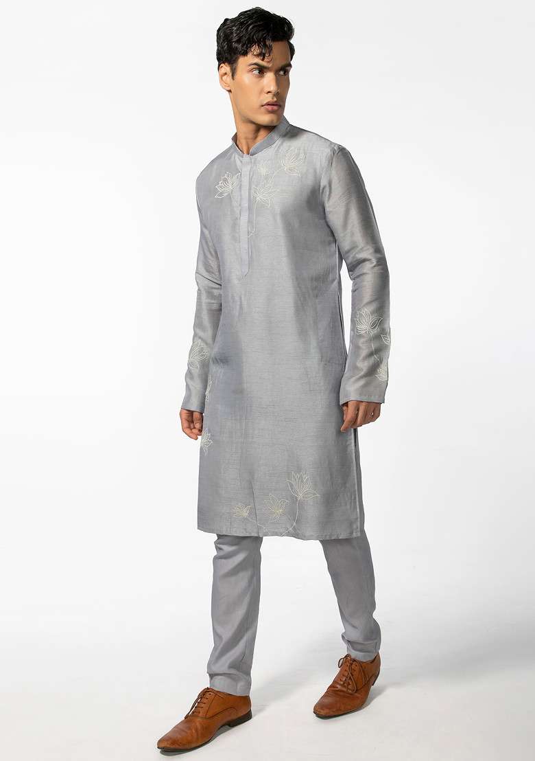 Cool Grey Lotus Kurta Set For Men - Indya