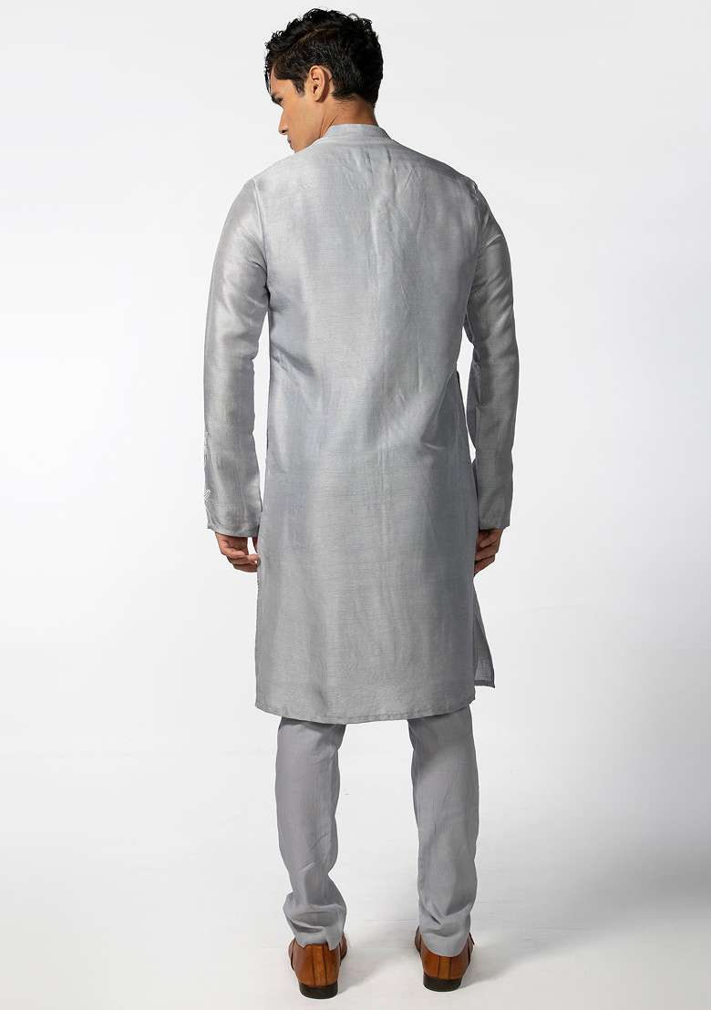 Cool Grey Lotus Kurta Set For Men - Indya