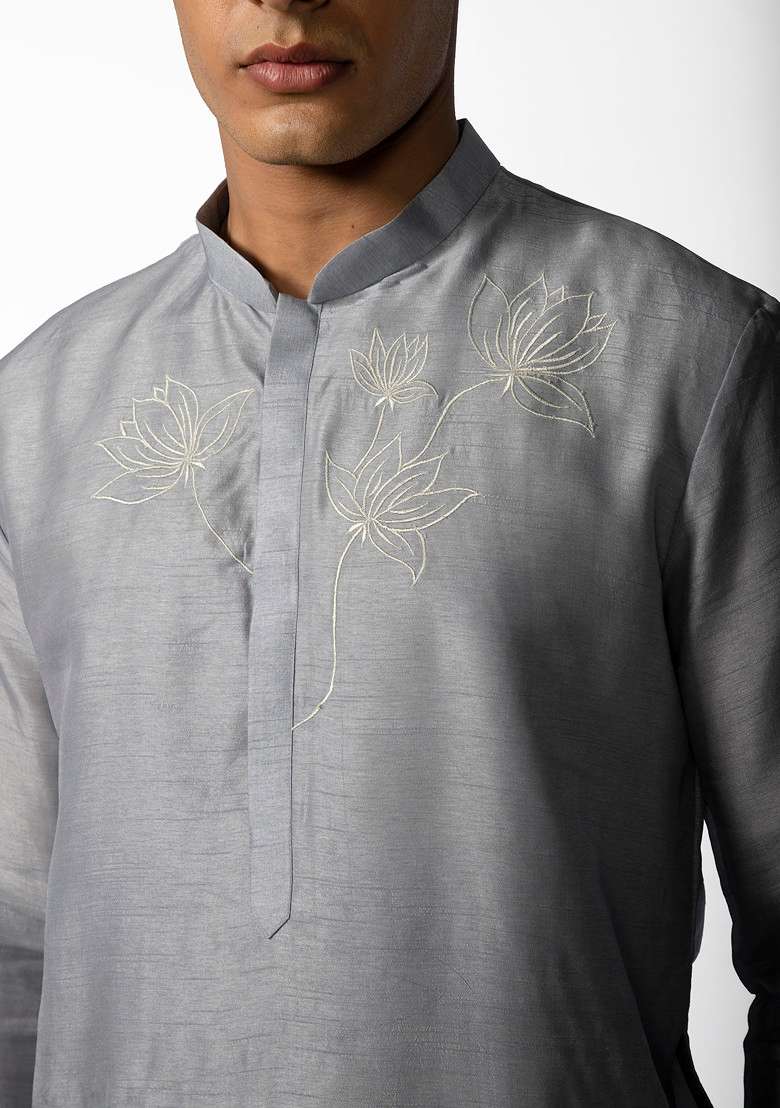 Cool Grey Lotus Kurta Set For Men - Indya