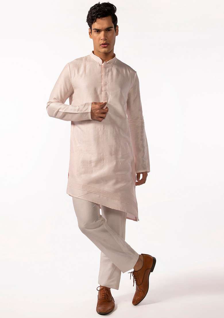 Pink Asymmetric Pintuck Kurta Set For Men - Indya