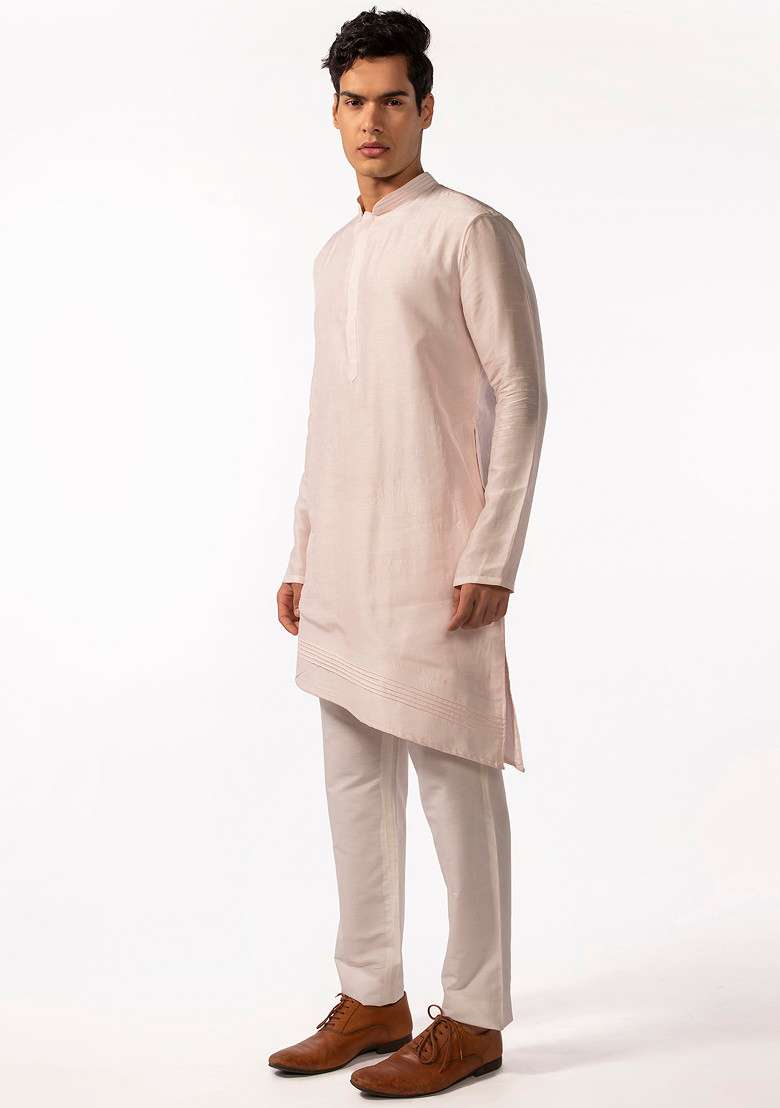 Pink Asymmetric Pintuck Kurta Set For Men - Indya