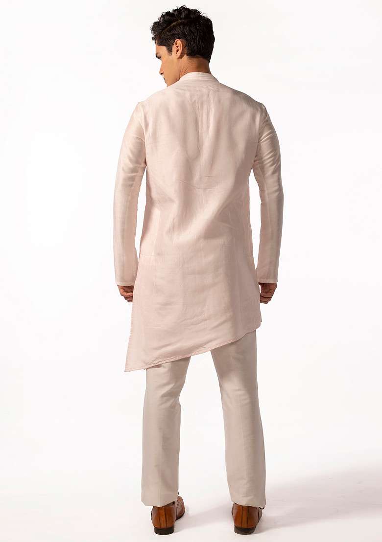 Pink Asymmetric Pintuck Kurta Set For Men - Indya