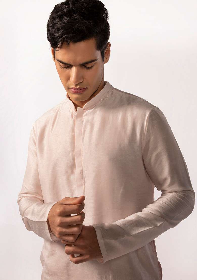 Pink Asymmetric Pintuck Kurta Set For Men - Indya